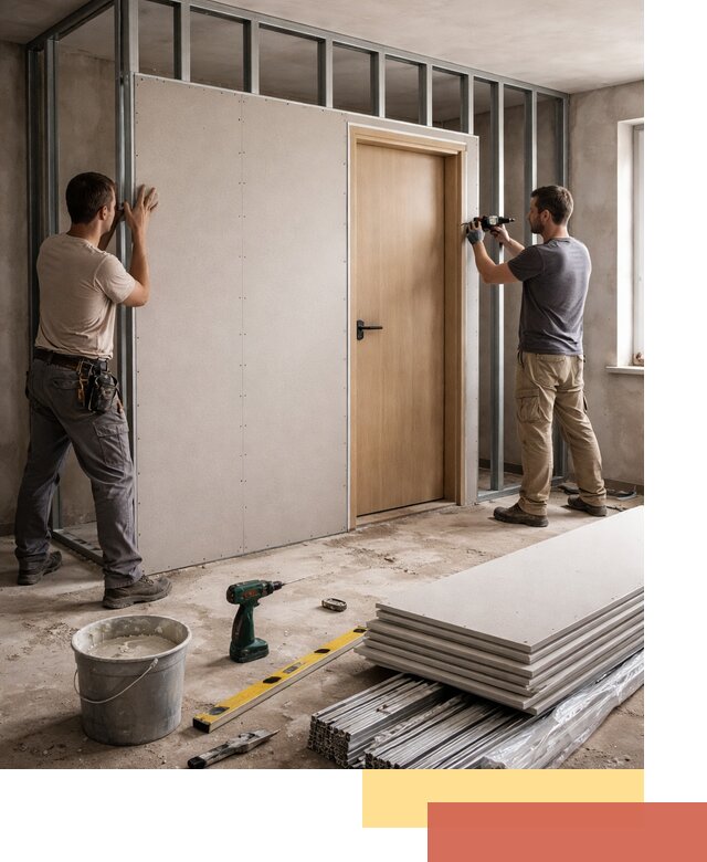 Перегородка из гипсокартона с дверью под ключ в Выксе