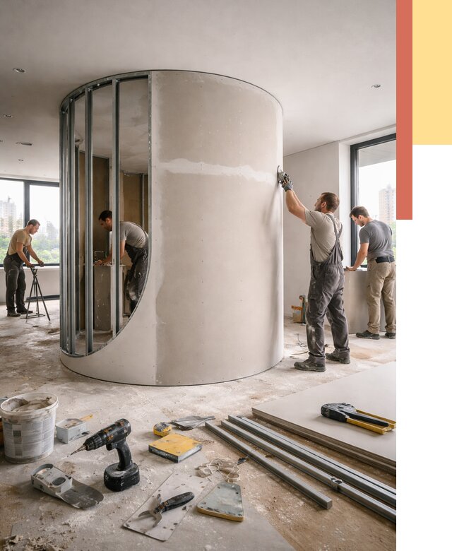 Радиусная перегородка из гипсокартона в Выксе от 3007 руб. под ключ | ОТДЕЛОЧНИК-Вкс