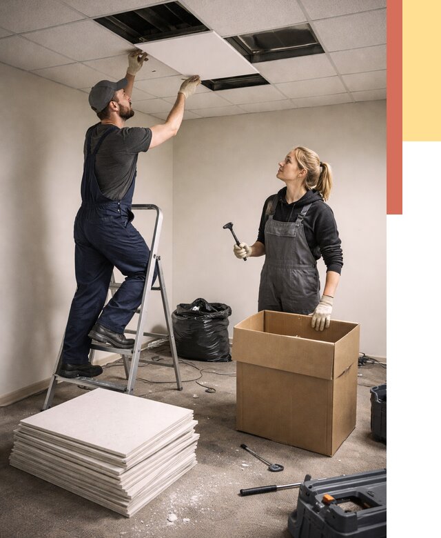 Демонтаж потолочной плитки в Выксе от 4667 руб. быстро и недорого | ОТДЕЛОЧНИК-Вкс