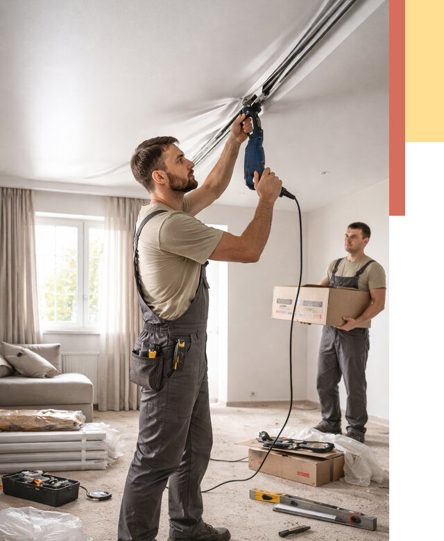 Монтаж сатинового натяжного потолка в Выксе от 3630 руб. | Быстро, недорого — ОТДЕЛОЧНИК-Вкс