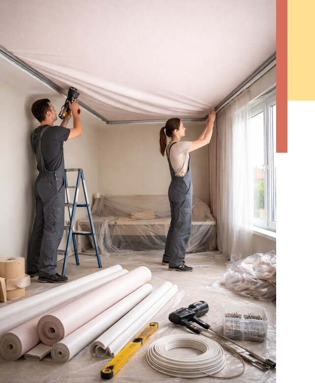 Монтаж цветного натяжного потолка в Выксе от 4355 руб/м² — быстро и недорого | ОТДЕЛОЧНИК-Вкс