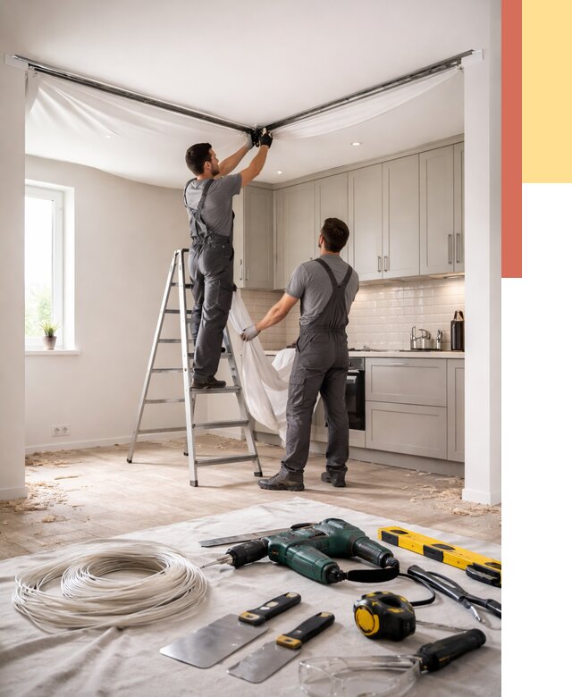 Установка натяжного потолка на кухне в Выксе от 2489 руб. | ОТДЕЛОЧНИК-Вкс