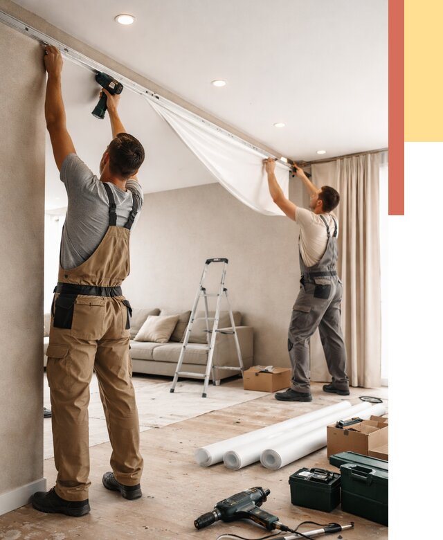 Монтаж натяжного потолка в гостиной в Выксе от 570 руб. | ОТДЕЛОЧНИК-Вкс