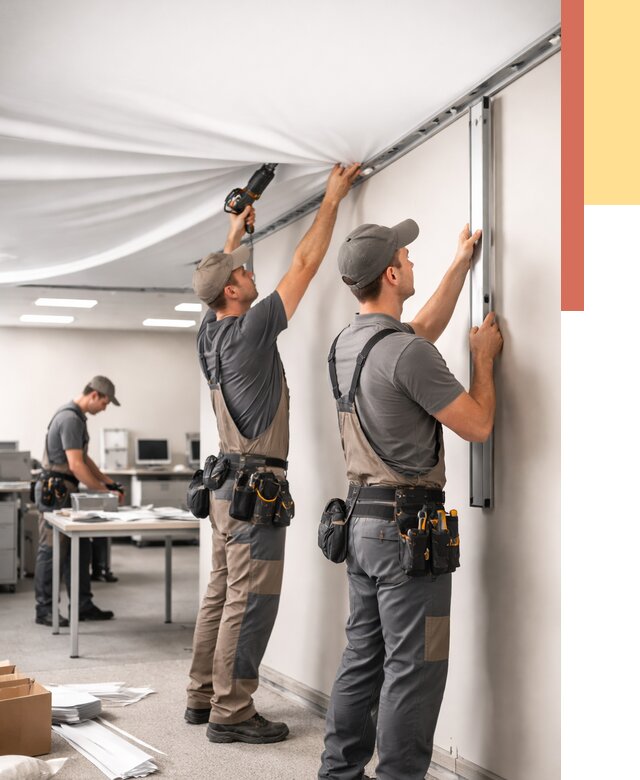 Монтаж натяжного потолка в офисе в Выксе от 467 руб/м² — быстро и недорого | ОТДЕЛОЧНИК-Вкс