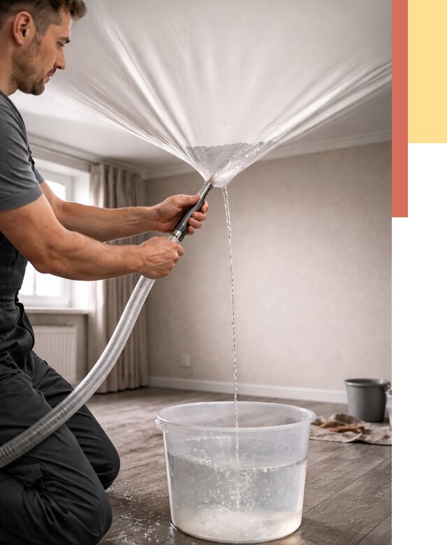 Слив воды с натяжного потолка в Выксе от 2593 руб. быстро и недорого | ОТДЕЛОЧНИК-Вкс