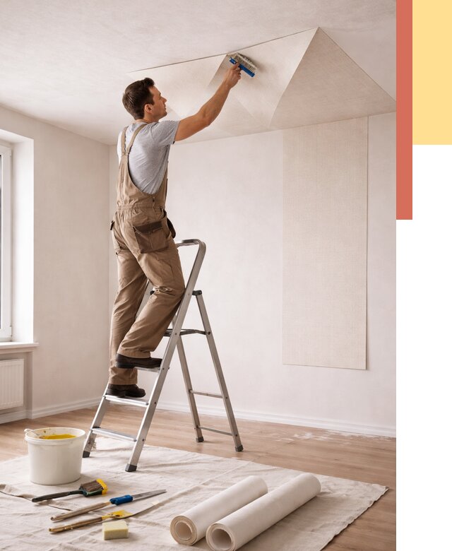 Поклейка обоев на потолок в Выксе от 4667 руб. быстро и недорого | ОТДЕЛОЧНИК-Вкс